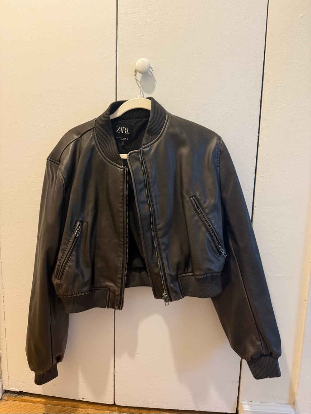 ZARA Black Cropped Faux Leather Bomber Jacket